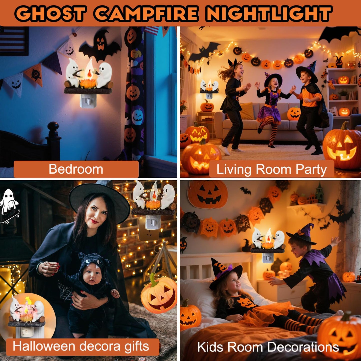 nlaa Ghost Campfire Nightlight,Halloween Campfire Flickering Night Light,3D Spooky Fire Marshmallow Night Light for Halloween Decor (Cute Ghost)