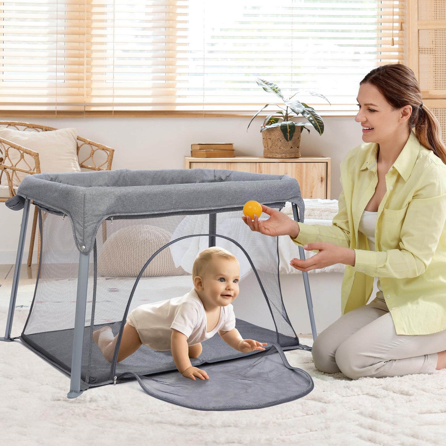 CAPAKIDDO Lightweight Travel Crib - Portable Baby Playard，Foldable Play Yard with Zipper Door, No Tools Setup, Compact for On-The-Go
