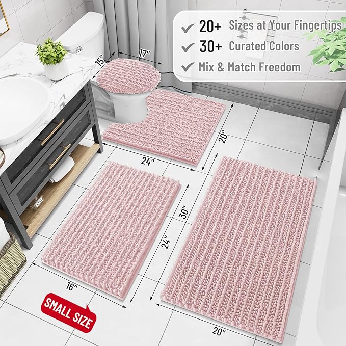 Arotive Luxury Chenille Bathroom Rug Mat, Extra Soft Thick Absorbent Shaggy Bath Rugs, Non-Slip Machine Wash Dry, Plush Bath Mats for Bathroom, Shower and Tub, 30x17, Dirty Pink