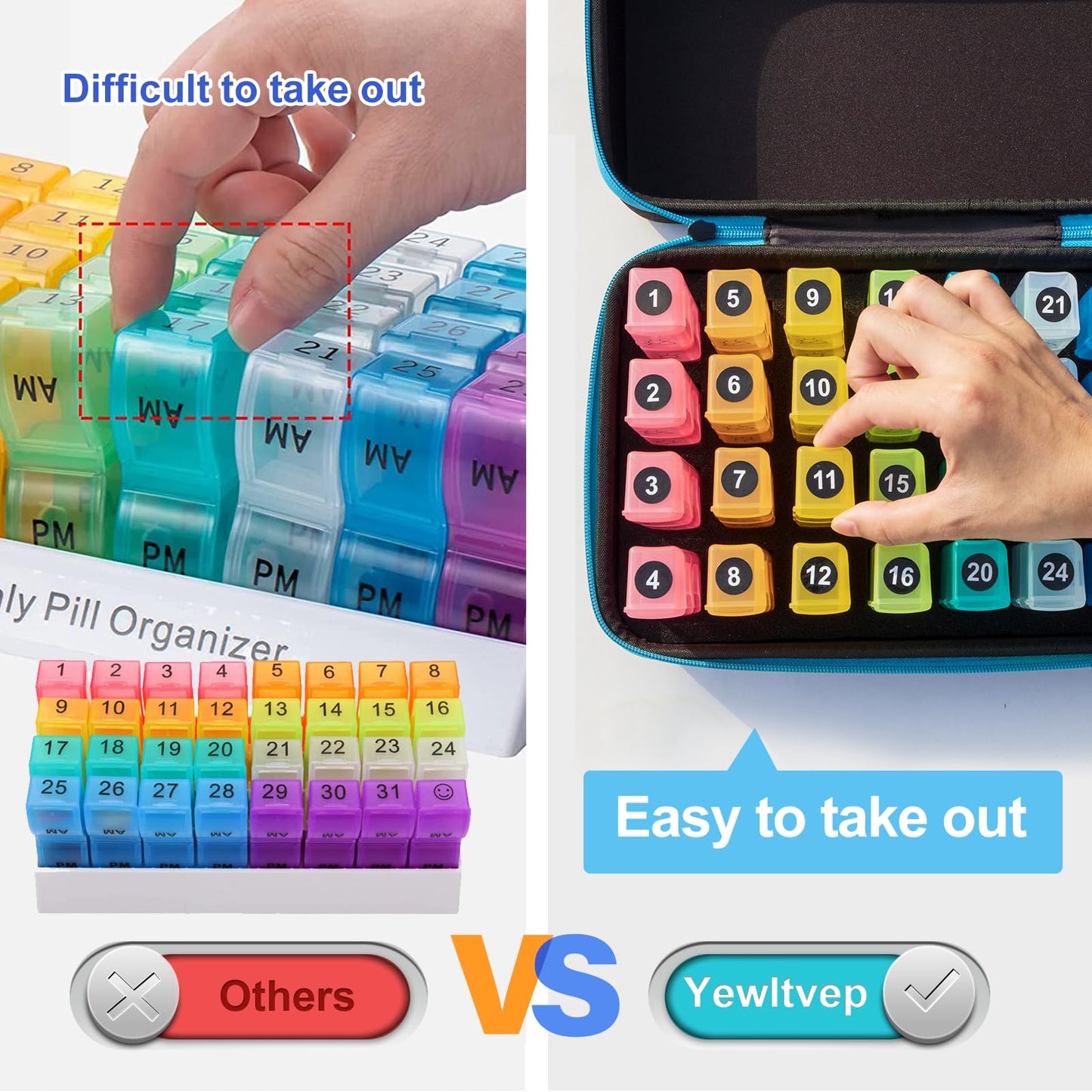 Monthly Pill Organizer 4 Times a Day, Pill Box Organizer with 32 Daily Compartments, 30 Day Pill Organizer 4X a Day Pill Holder with Hard Shell Travel Case with Weekly Pill Bag 4 Times a Day