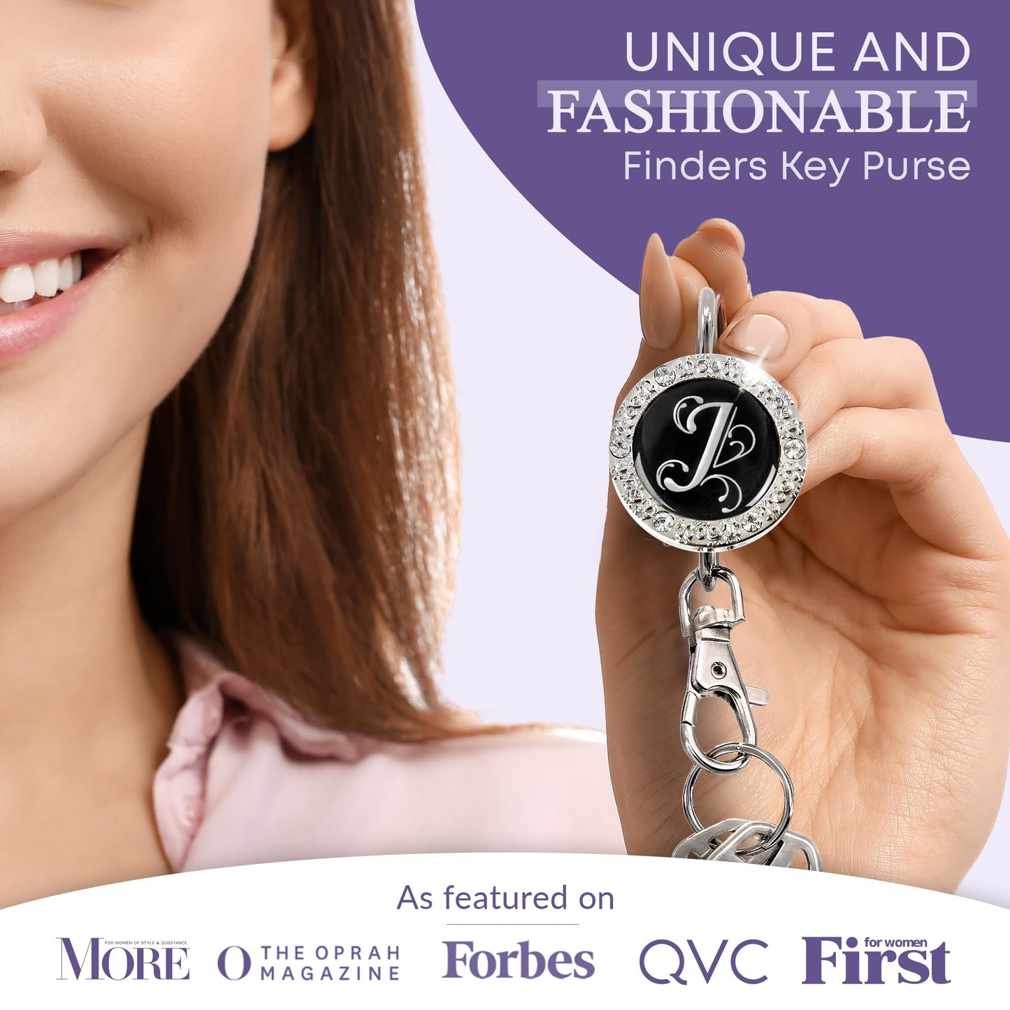 Women’s Bag Charm Key Finder, Car Keychain Hook, Cute Purse Organizer & Tote Bag Accessories, Gifts for Mom - Monogram J