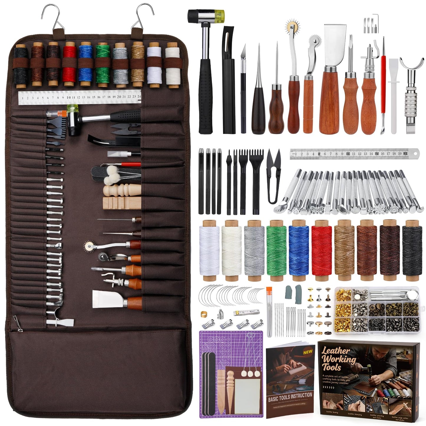 SHWAKK Leather Working Tools, All in One Leather Tooling Kit, Complete LeatherCraft Kit with Storage Bag, Stamping Tools for Sewing, Carving, Punching Stamping for Making and Handicrafts
