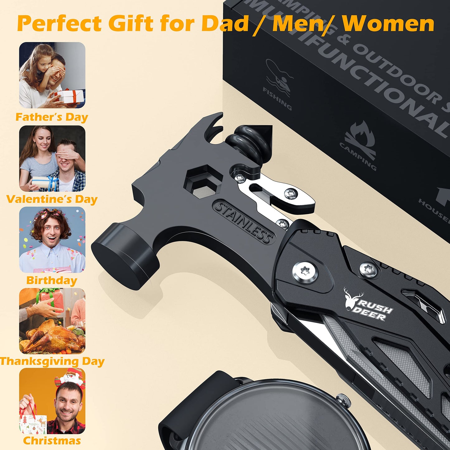 RUSH DEER 16-in-1 Multitool, Gifts for Dad, Hammer Multi tool, Utility Knife Multitools for Men, Survival Gear and Supplies, Christmas Gift for Boy Husbands