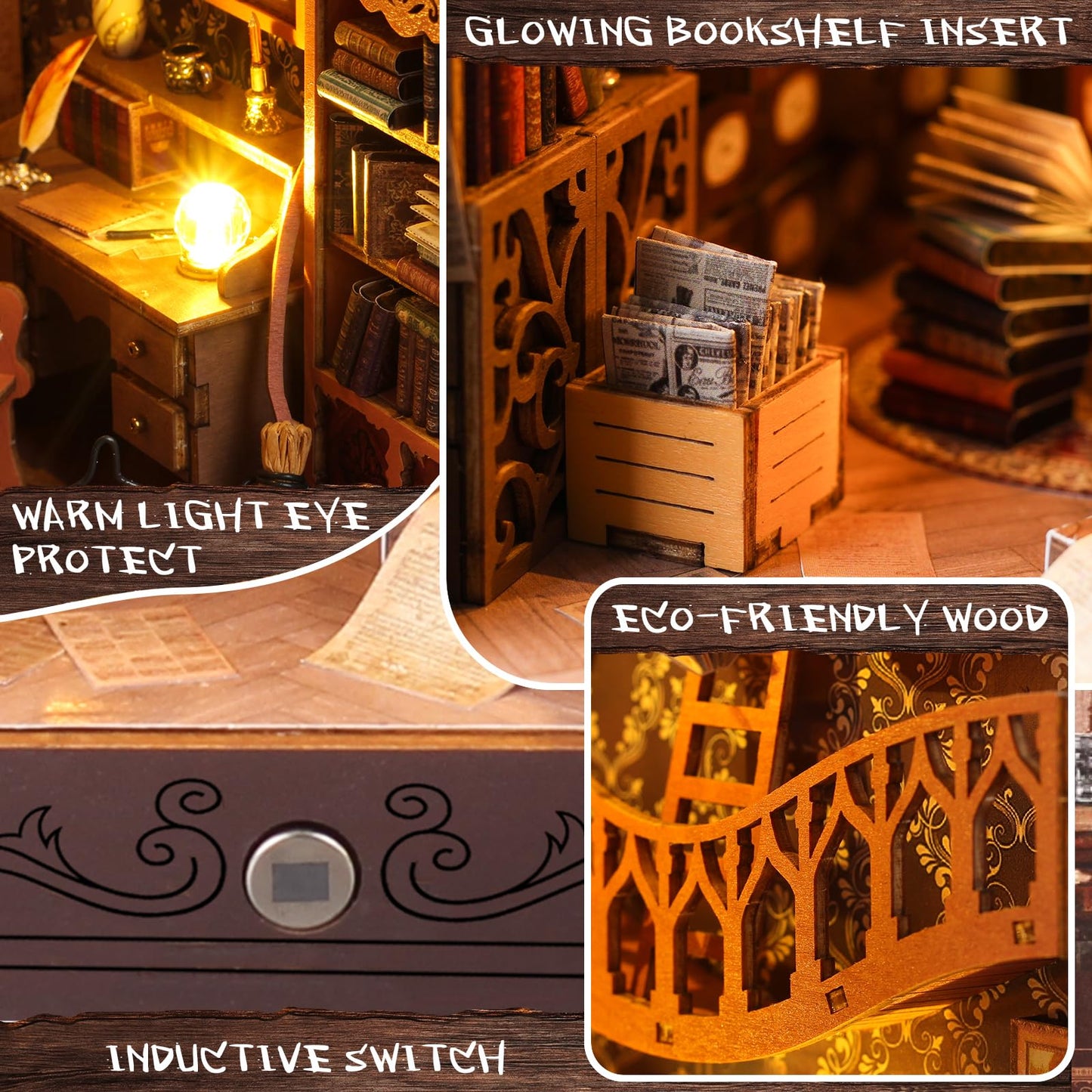 FASTSPOK DIY Book Nook Kit: 3D Wooden Puzzle Shelf Insert with LED Light - Miniature Dollhouse Bookend Decor for Adults and Teens - Creative Gift