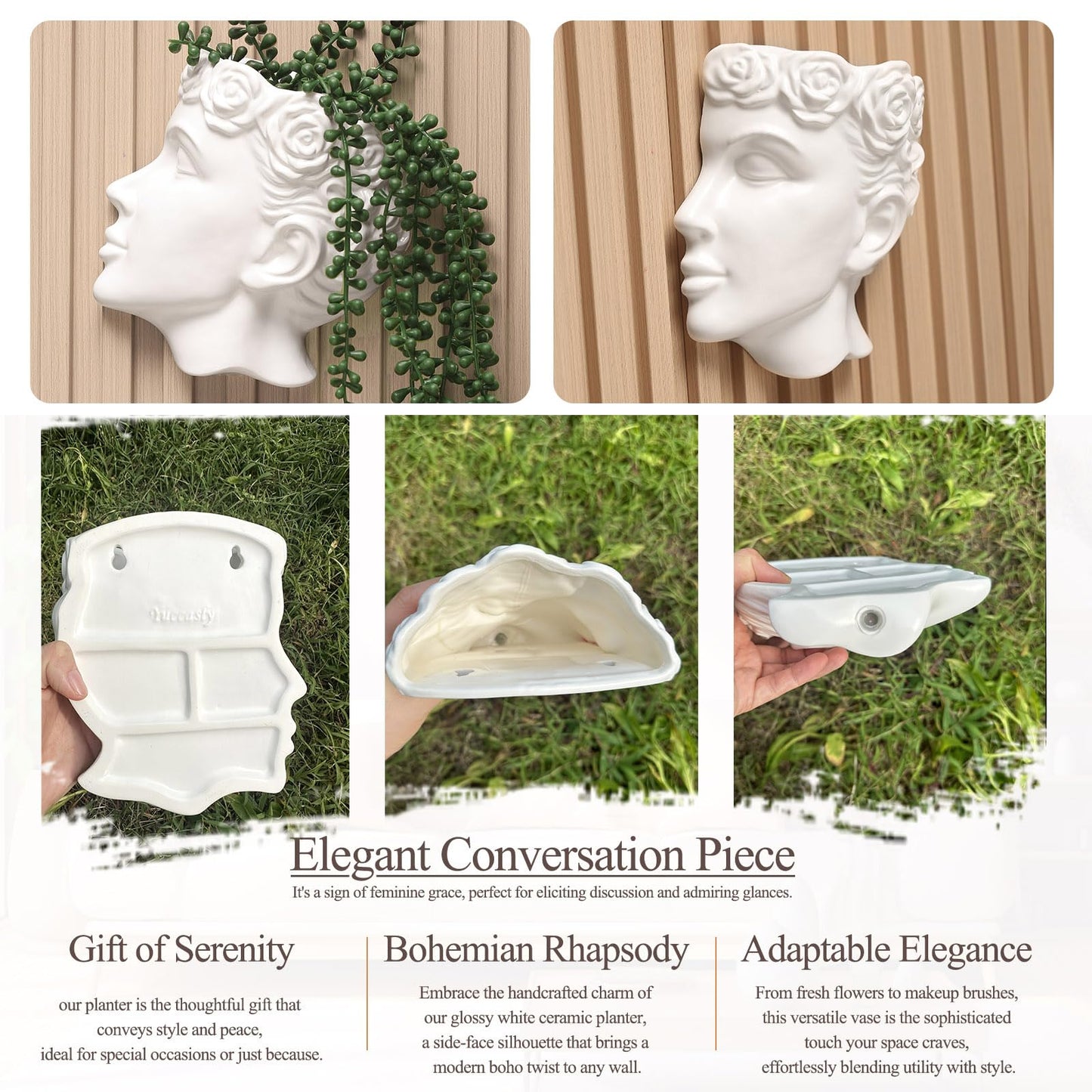 Yuccasly Side-Face Ceramic Planter – Glossy White, Wall-Hanging, with Drainage – 6.7"" Artistic Female Face Vase