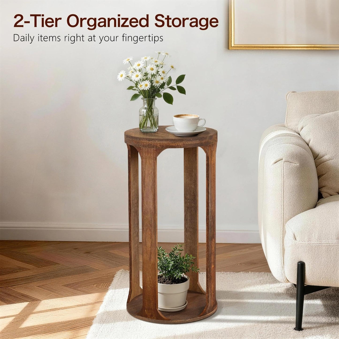 GIFTTROVE Wooden Drink Table, Pedestal Round End Table, Walnut Brown Nightstand Accent Tables, Small Side Tables for Living Room Plant Stand, Bedroom, 12" x 24"