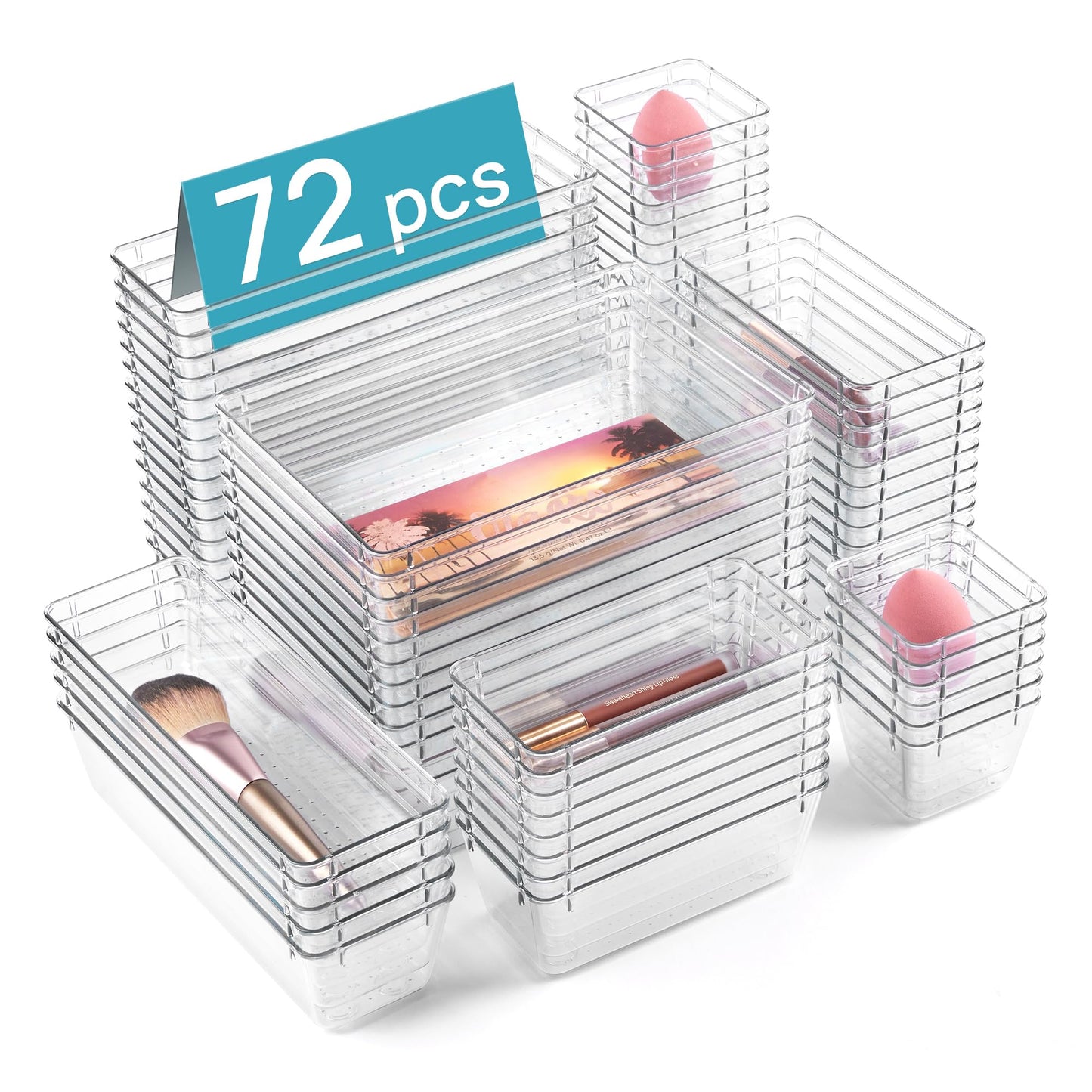 Vtopmart 72 PCS Clear Plastic Drawer Organizers Set, 4-Size Versatile Bathroom and Vanity Organizer Trays, Non-Slip Storage Containers for Makeup, Jewelries, Bedroom，Kitchen Utensils and Office