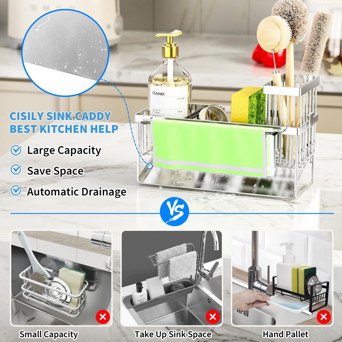 Kitchen Sink Caddy Organzier with High Brush Holder