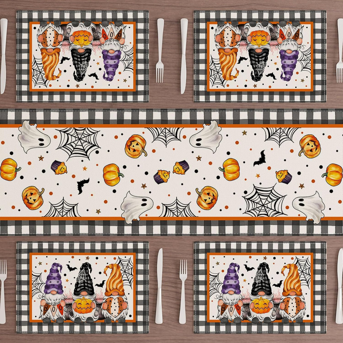 XCHI Spooky Boo Plaid Gnome Halloween Placemats Set of 6 Table Mats for Party Home Kitchen Dining Table Decorations 12x18 Inch