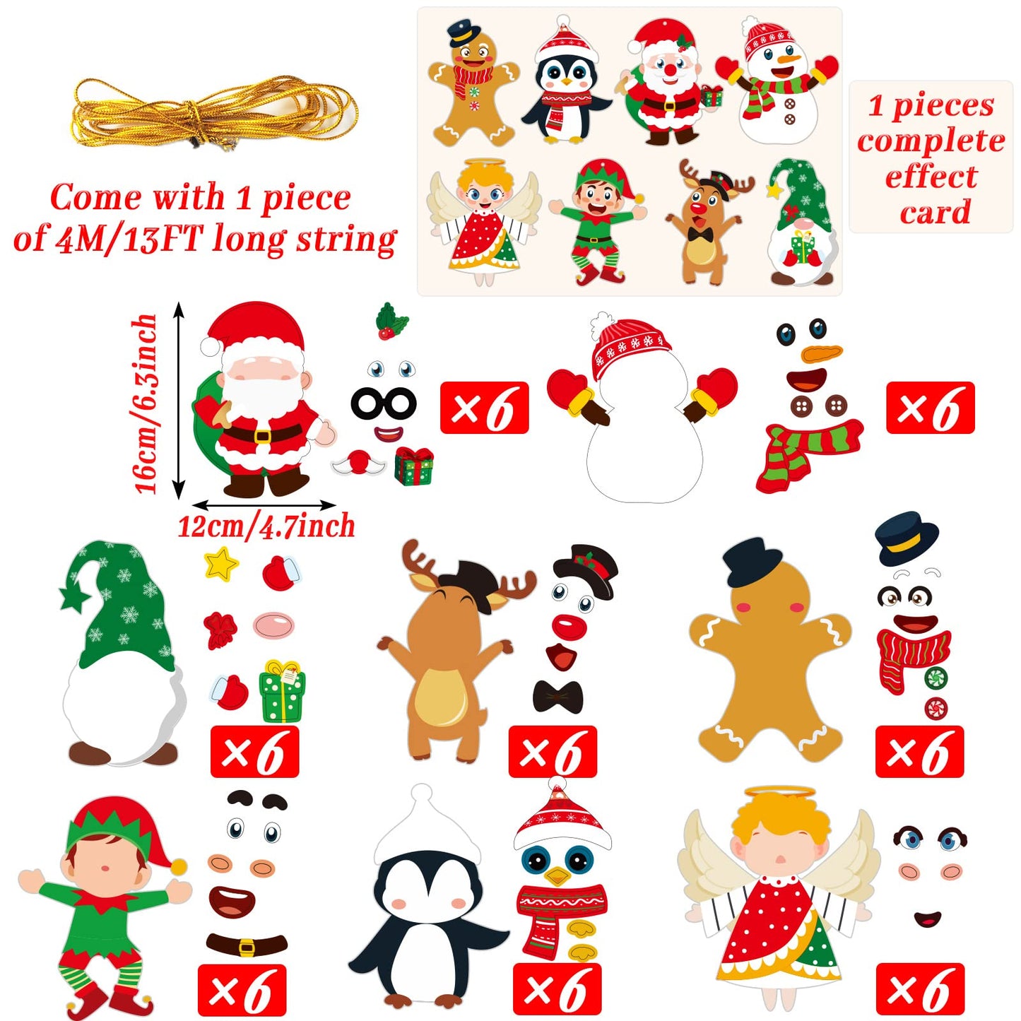 chiazllta 384 Pcs Christmas Craft Kits Christmas DIY Sticker Game Craft Ornament Make Your Own Reindeer Santa Snowman Elf Art Craft Projects for Home Activities, 48 Sets in Total