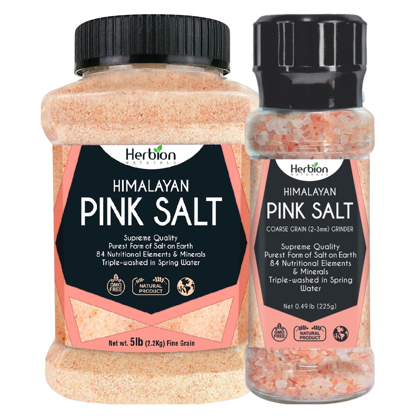 Herbion Naturals Premium Himalayan Cooking Essentials – Pink Salt 5 lbs & Salt Grinder Bottle | Mineral-Rich Seasoning, Pantry Staple & Fresh-Grind Flavor | 2-Piece Bundle