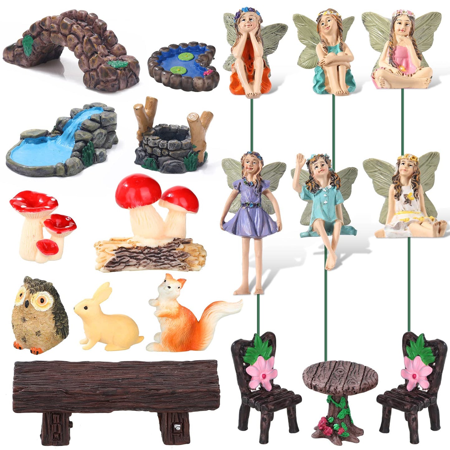 Roowest 19 Pcs Miniatures Garden Fairies Kit Garden Accessories Miniatures Bunny Squirrel Owl Animals Cute Tiny Mushroom Mini Pond Bridge Figurine for DIY Home Micro Landscape Terrarium Ornaments