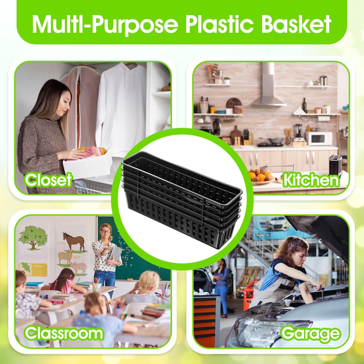 12 Pack Black Slim Plastic Storage Baskets for Organizing, 10.24 x 3.15 x 2.36 Inch Stackable Small Narrow Pencil Baskets, Drawer Storage Tray Holder for Home School Classroom Office Desk Cabinet
