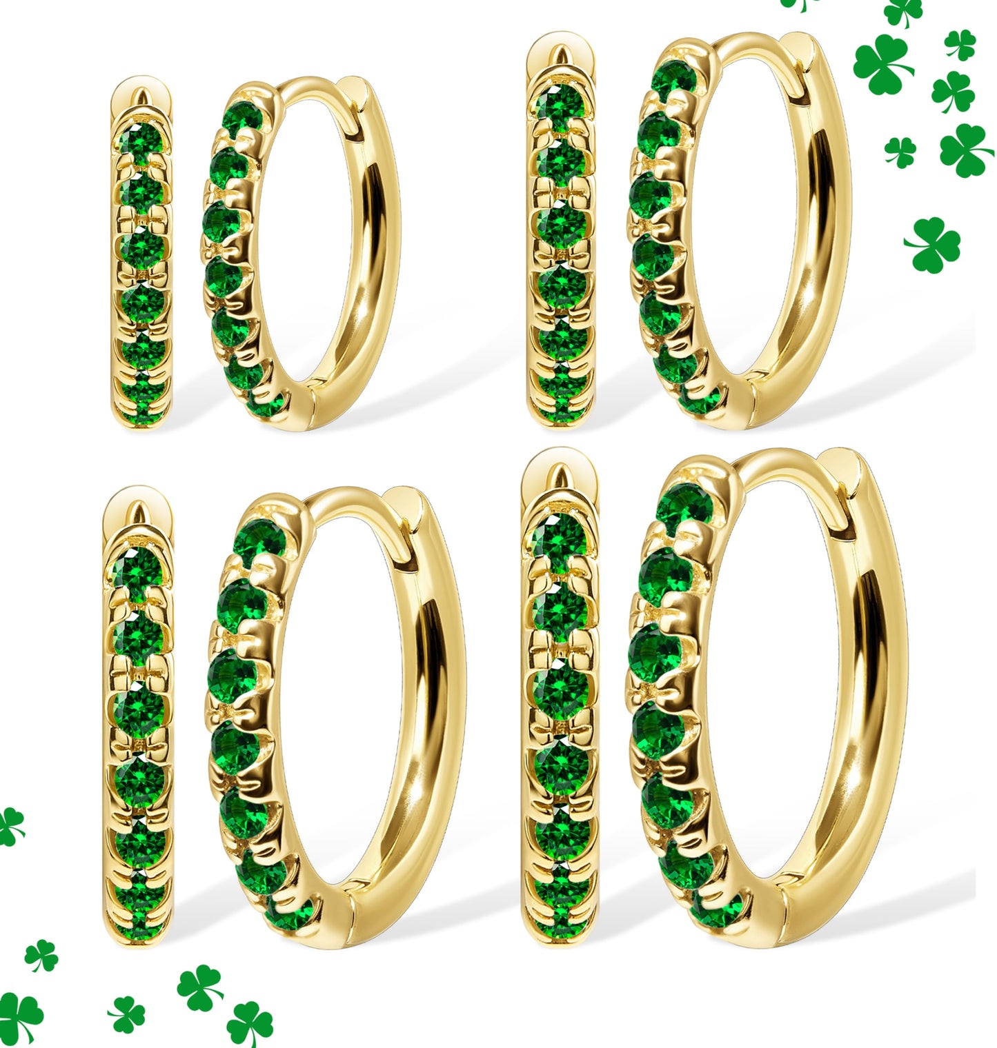 St Patrick's Day Earrings Gold Green Earrings Set for Women, Small Huggie Hoop Stack Cartilage Earring for Multiple Piercing,Green Clip On Jewelry for Women