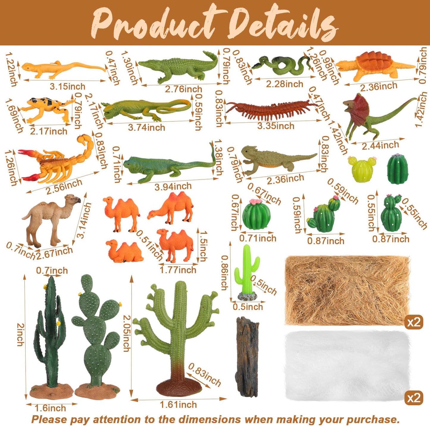 Duraaamo 32 Pcs Desert Animals Figures Diorama Kit Reptiles Lizard Snake Cactus Trees Model Kit Diorama Project with Camel for Miniature Landscape Cake Topper Birthday DIY Craft Project