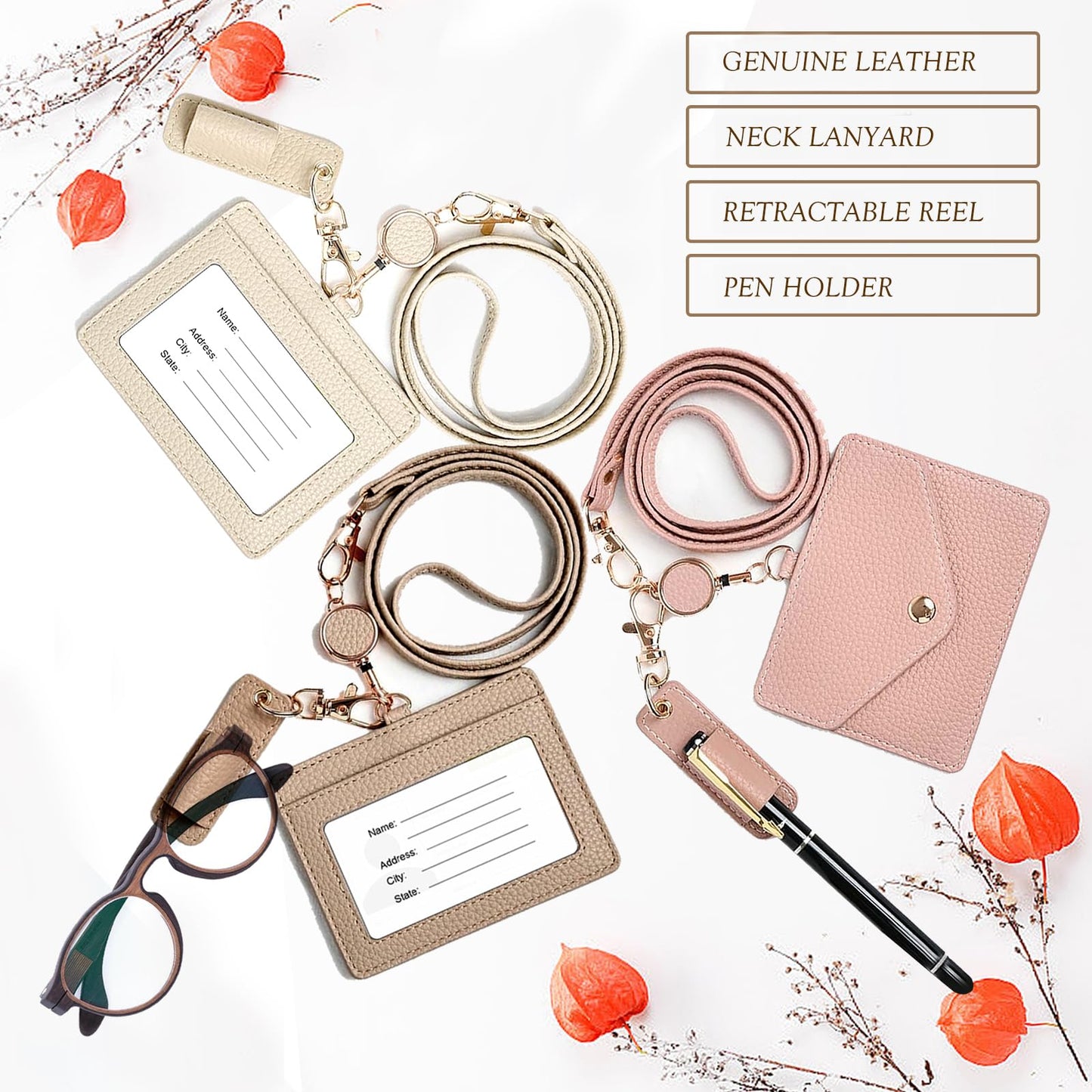 Office Badge Holder - Boshiho Genuine Leather Credit ID Card Holder with Stretch Neck Lanyard and Pen Clip, Gift Box (Horizontal-Light Brown)