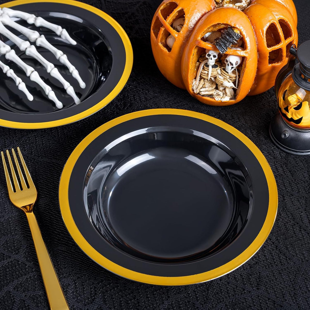 Liacere 60Pcs Black Plastic Bowls - Disposable Black and Gold Dessert Bowls - 12OZ Premium Plastic Soup Bowls for Wedding &Halloween