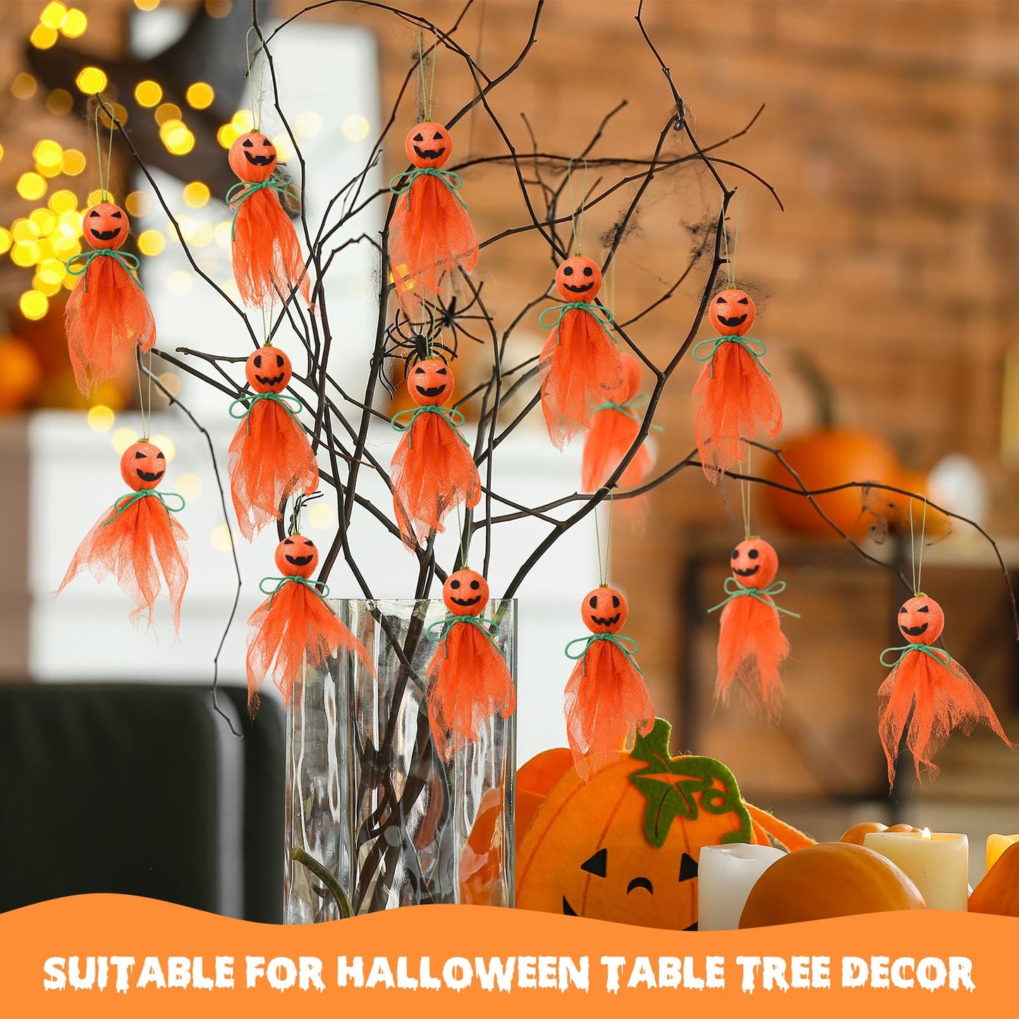 Kinlop 16 Pcs Halloween Pumpkin Hanging Ornaments 3.5 Inch Small Hanging Ghosts Tree Ornaments Orange Cute Pumpkin Decor for Halloween Party Yard Garden Tree Decoration