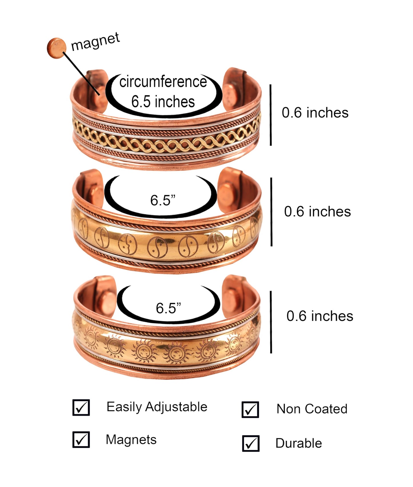 Touchstone copper bracelets | gift for men women |adjustable 100% pure solid real magnetic jewelry | handmade bracelet set combo | rope braided tibetan bangles. Set of 3 different designs