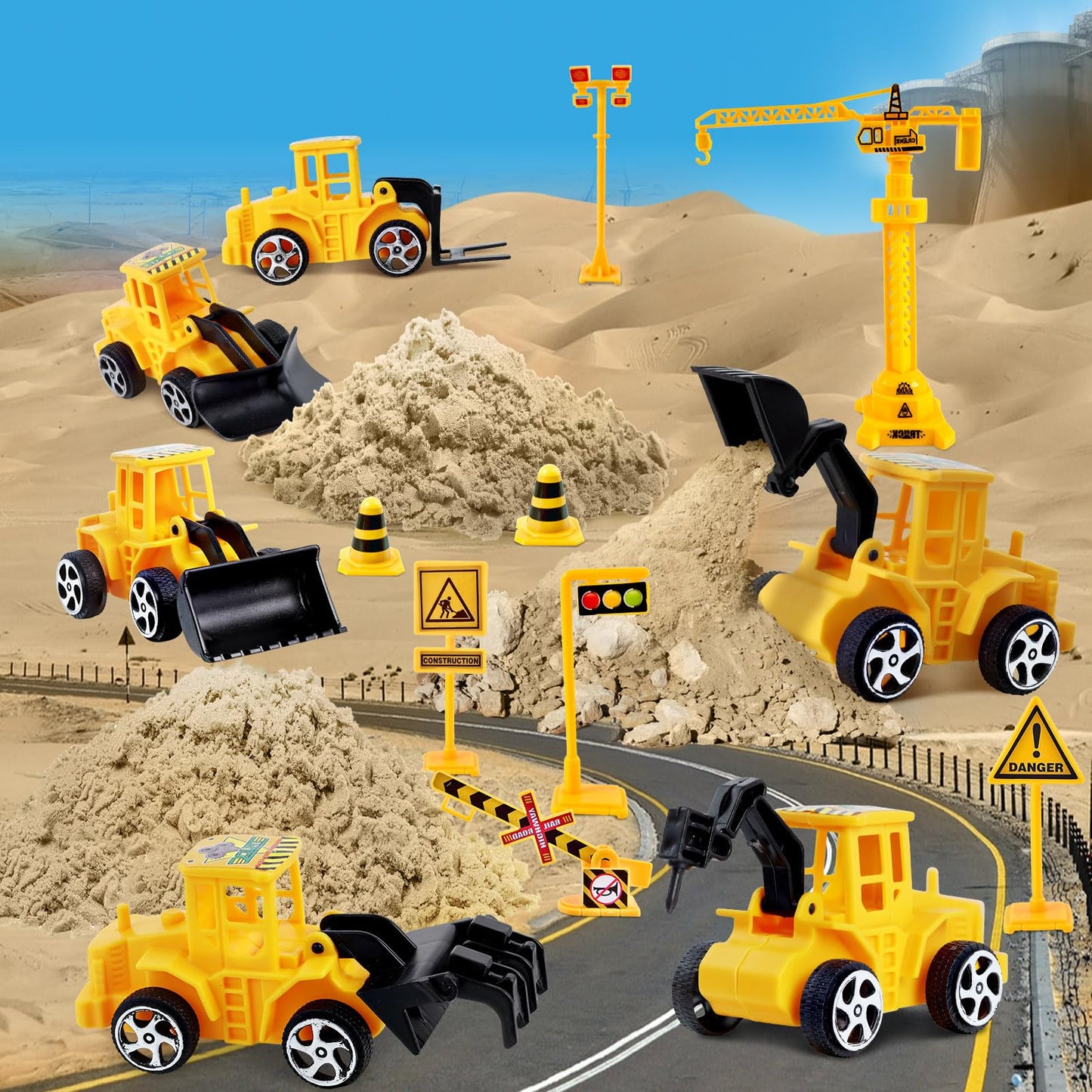 ESSENSON Construction Sensory Bin - Play Sand Kit with Toy Truck and 4lbs Magical Sand, Pretend Play Beach Sensory Toy Sandbox, Kids Gifts for Girls and Boys