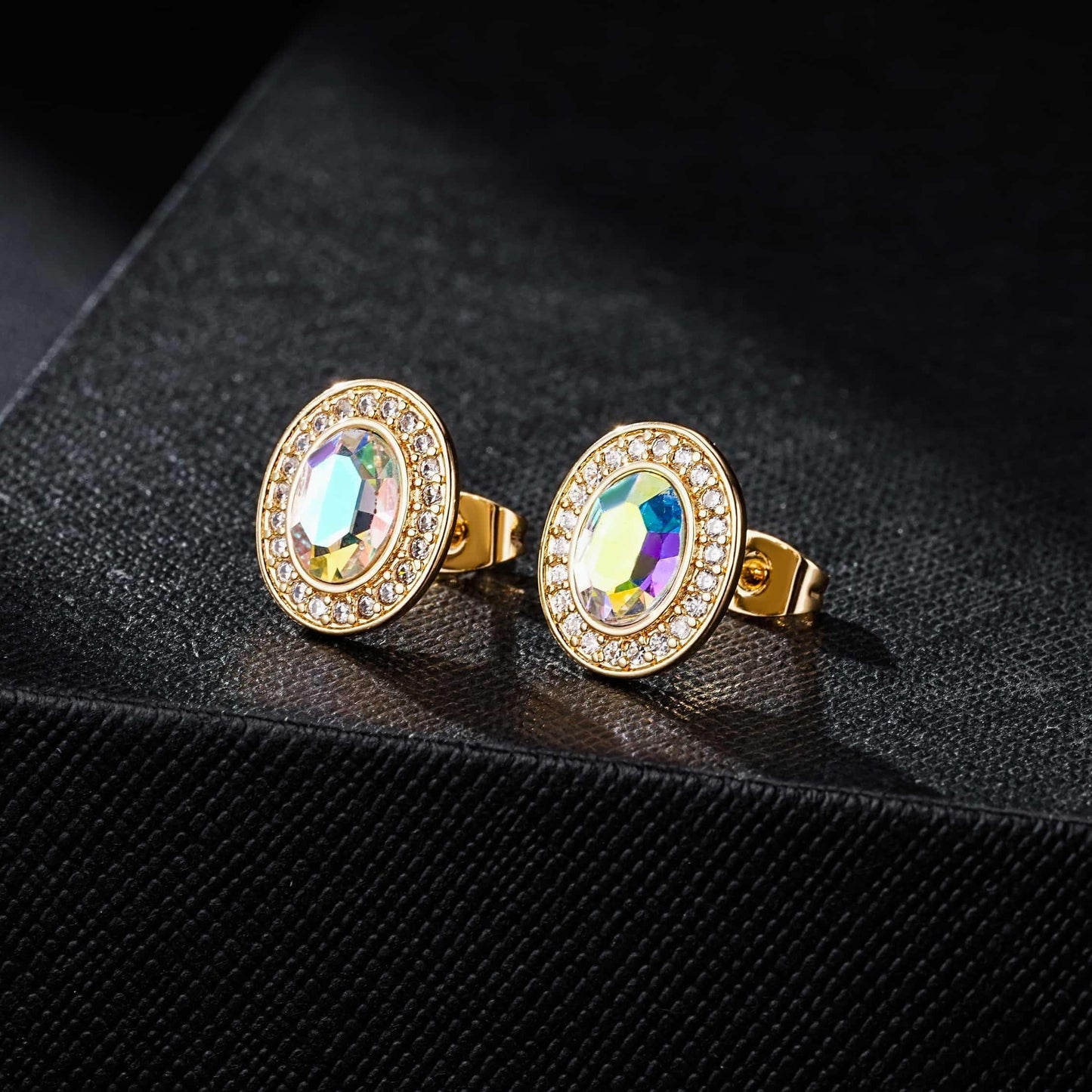 EVEVIC Austrian Crystal Halo Oval Stud Earrings for Women Trendy,14k Gold Plated Hypoallergenic Earring Jewelry Gift (Aurora Borealis)