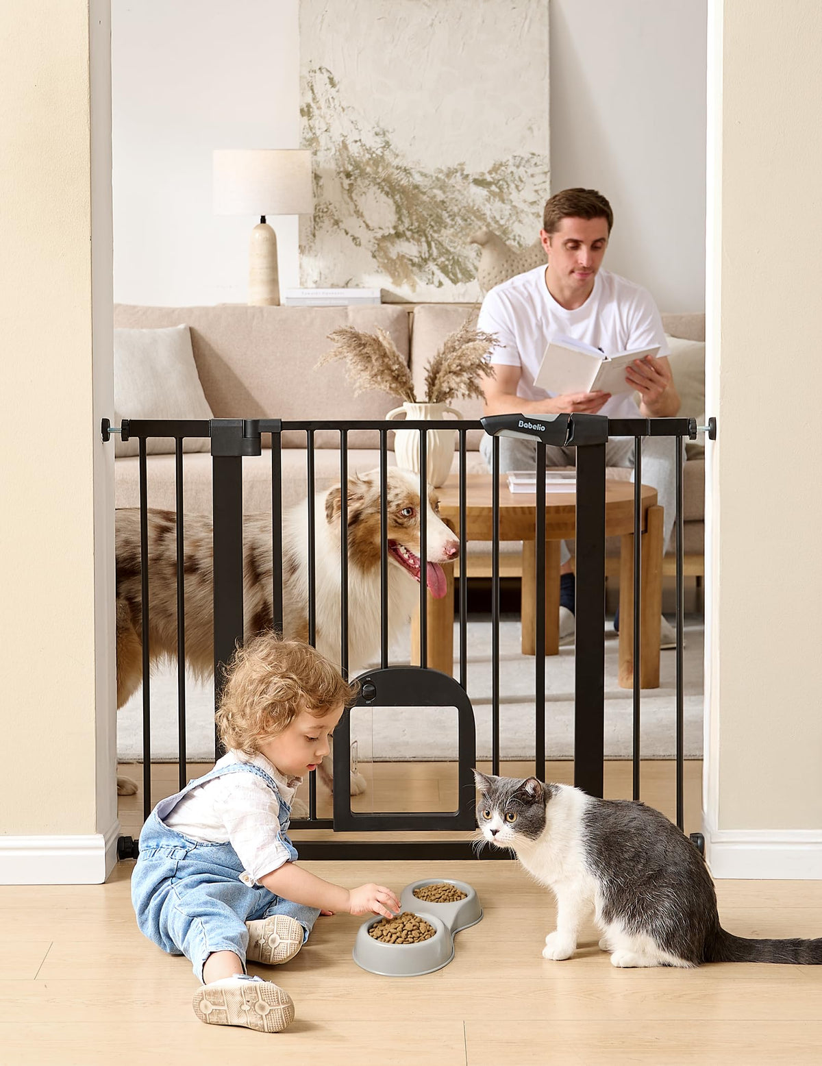 Babelio Dog Gate with Adjustable Cat Door, CatPrivilege III, 29-43", Black