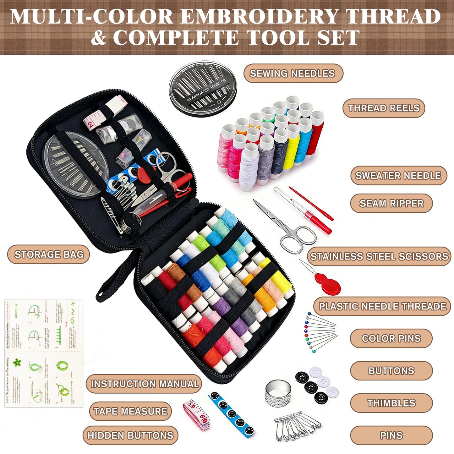 Pacify Embroidery Stitch Book Kit for Beginners, Portable Embroidery Stitch Book with Step-by-Step Guide, Sampler Patterns & Complete Tool Set for Adults Craft Lovers