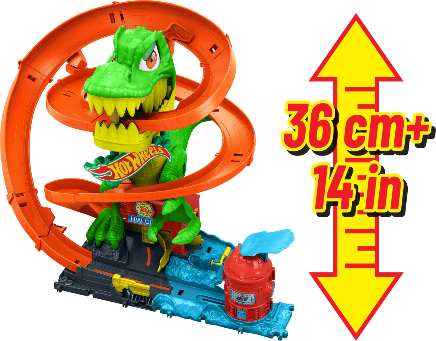 Hot Wheels Toy Car Track Set, City T-Rex Blaze Battle Playset & 1:64 Scale Die-Cast Vehicle, 18” Tall, Multiple Race Outcomes, Spinning Dinosaur Eyes