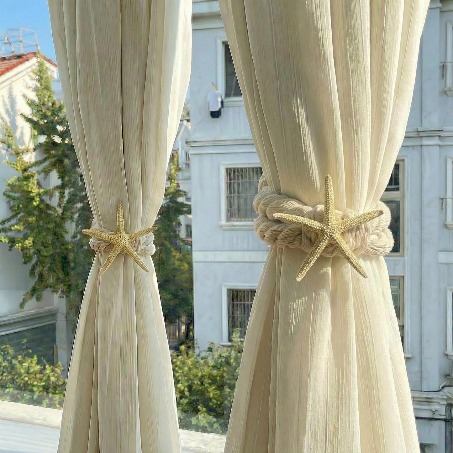 2-Pack Real Natural Starfish Curtain Tiebacks, Handmade Rope Holdbacks for Coastal Beach Theme Decor, Nautical Curtain Tie Backs for Bedroom Living Room Home Decoration