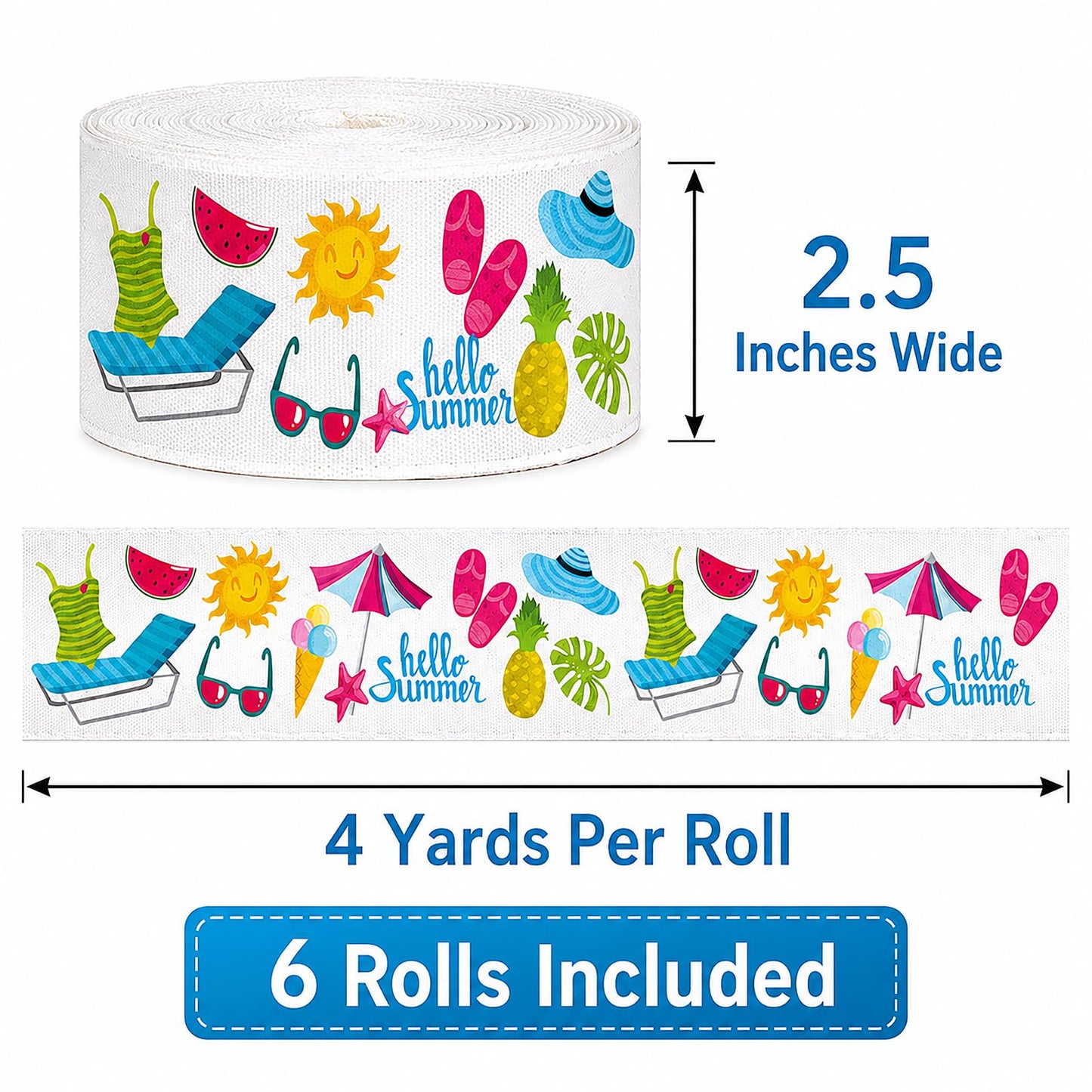 6 Rolls Summer Wired Edge Ribbons, 24 Yards 2.5 in Flip Flop Sunshine Stripe Patterns Gift Wrapping Ribbon for Beach Themed DIY Crafts Bow Wreath Summer Party Decorations