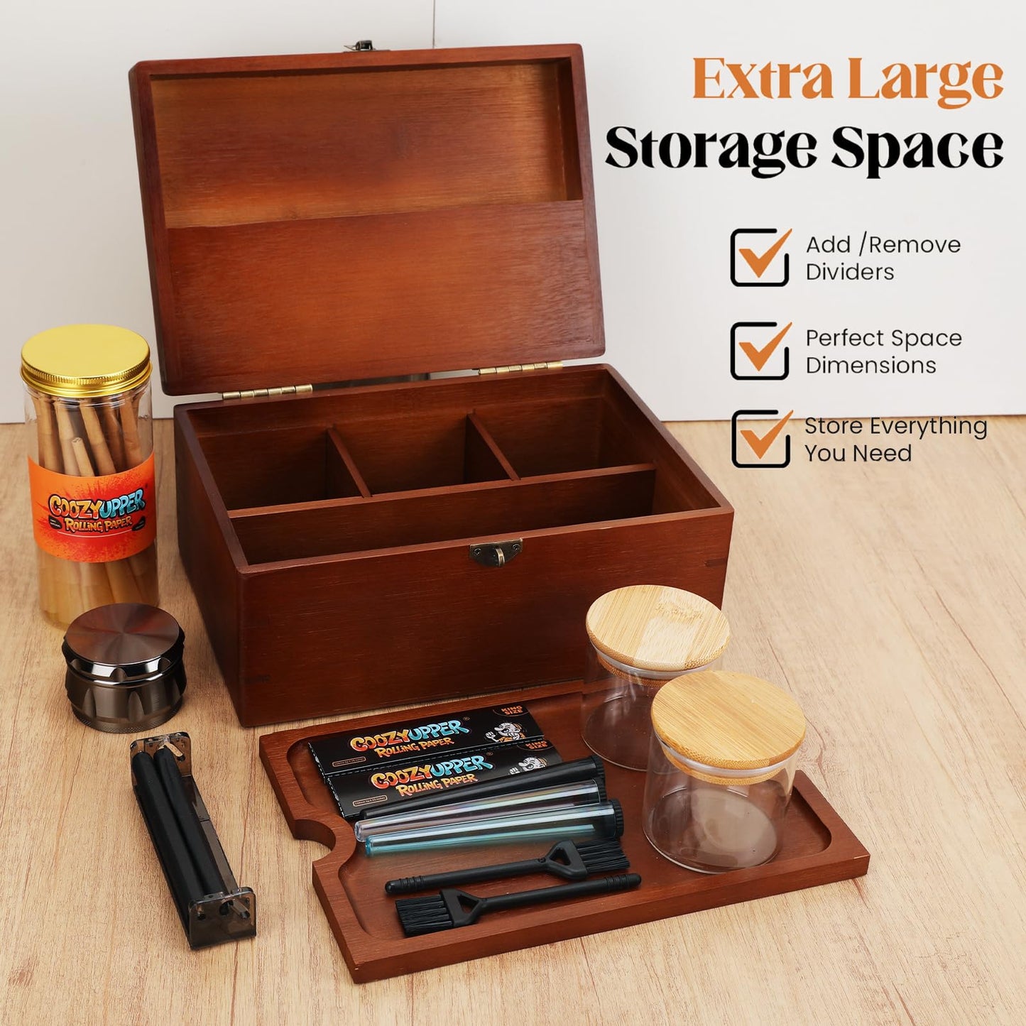 Coozyupper Large Bamboo Storage Box with Removable Tray Kit - Decorative Box Set, Glass Jars, and Accessories Wooden Storage Kit and Accessories Tool.Birthday Gifts