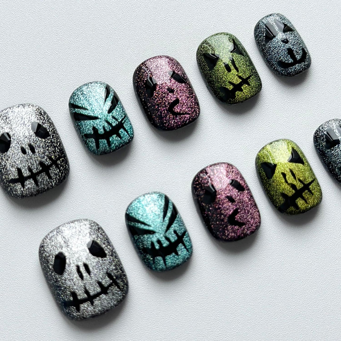 Halloween Press on Nails Short Square Handmade Nails 3D Unique Reusable ABS Material Fake Nails Cute False Nails with Designs Glitter Sparkly Glossy Glue on Nail Thick Acrylic Nail(M)