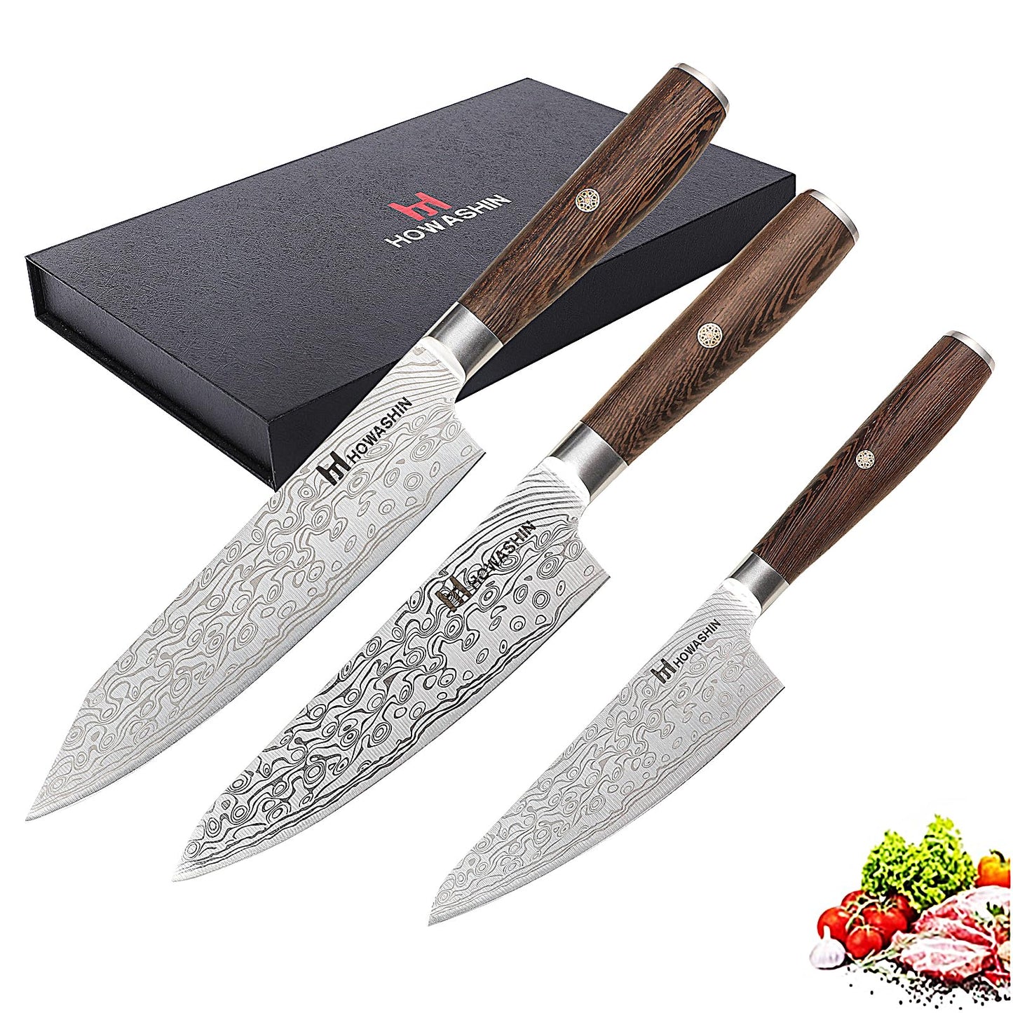 Howashin Kitchen Knife Set,High Carbon Stainless Steel Chef Knife Set,Sharp Forged Blade Professional Kitchen Knives Set with Ergonomic Handle, 3PCS Knives Set for kitchen with Gift Box