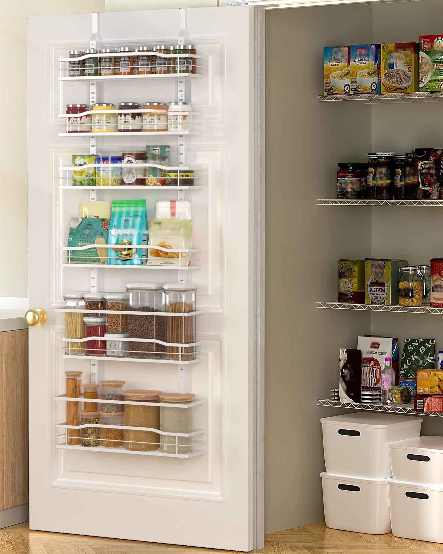 Moforoco White 6-Tier Over Door Pantry Organizer, Pantry Organization Storage, Door Metal Hanging Spice Rack Basket Shelves, Home Kitchen Apartment Essentials, Laundry Room Bathroom Organization