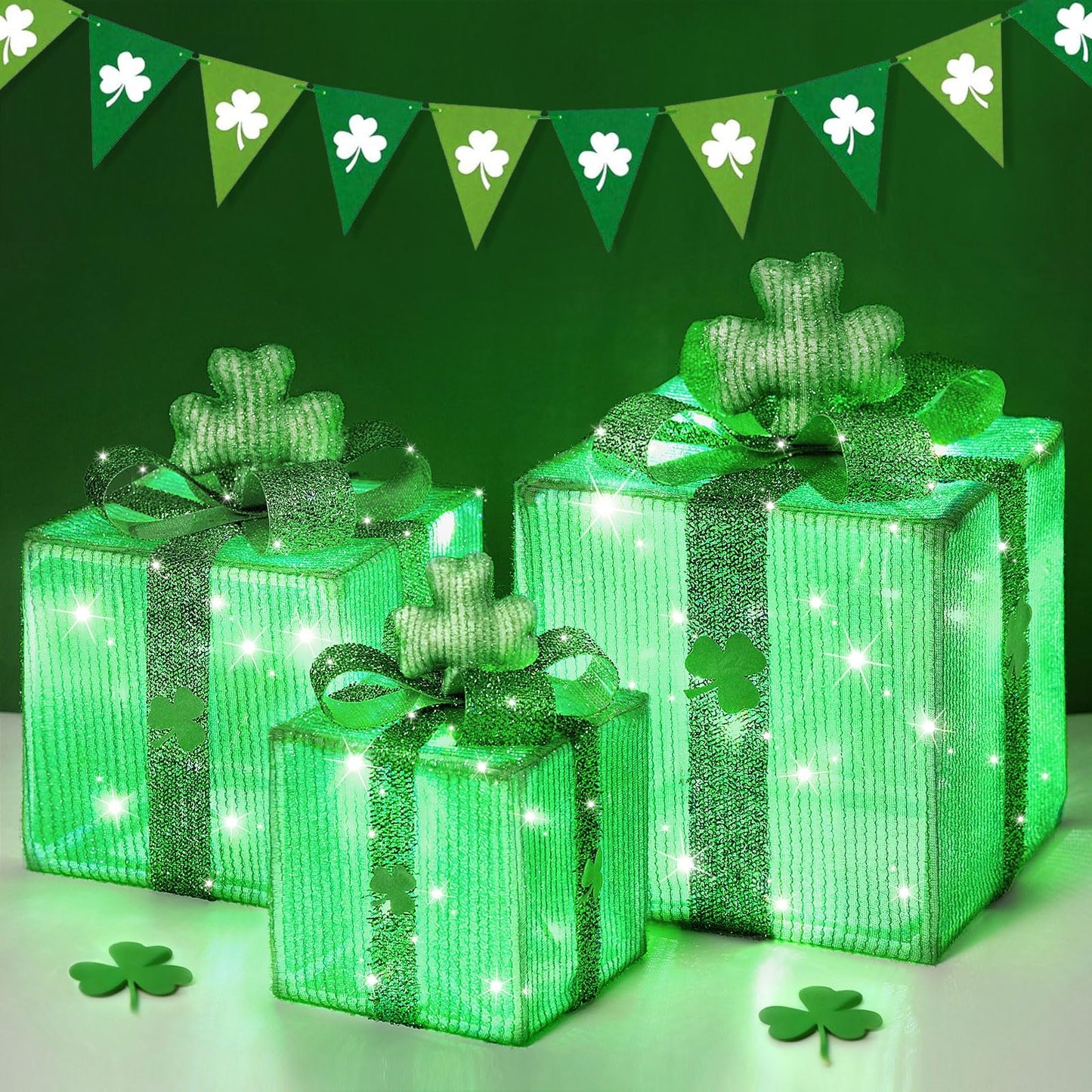Lewondr St Patricks Day Decorations Lighted Gift Boxes with 3D Shamrocks, Green Decor Light Up Present Boxes for St Patrick's Day, USB Powered + Remote Control Lucky Clover for Indoor Home Holiday