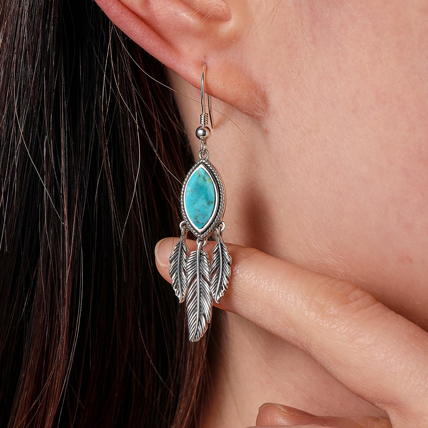 AVECON Turquoise Feather Dangle Earrings for Women 925 Sterling Silver Earring Vintage Turquoise Jewelry with Feather Boho Leaf statement Earrings Trendy Hook Earrings Western Jewelry for Her