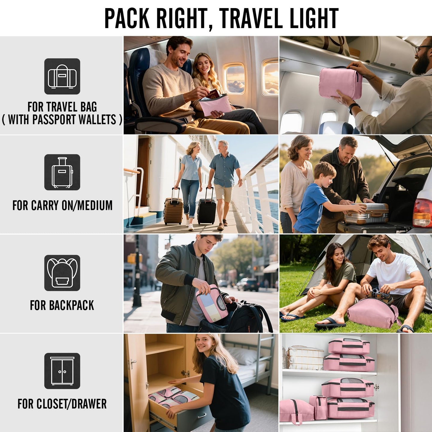 Veken 8 Set Packing Cubes for Travel Essentials, Suitcase Organizer Bags in 4 Sizes, Carry-On Luggage Accessories with Large Laundry & Hanging Toiletry Bag, Must-Have for Airplane, Road Trip & Camping