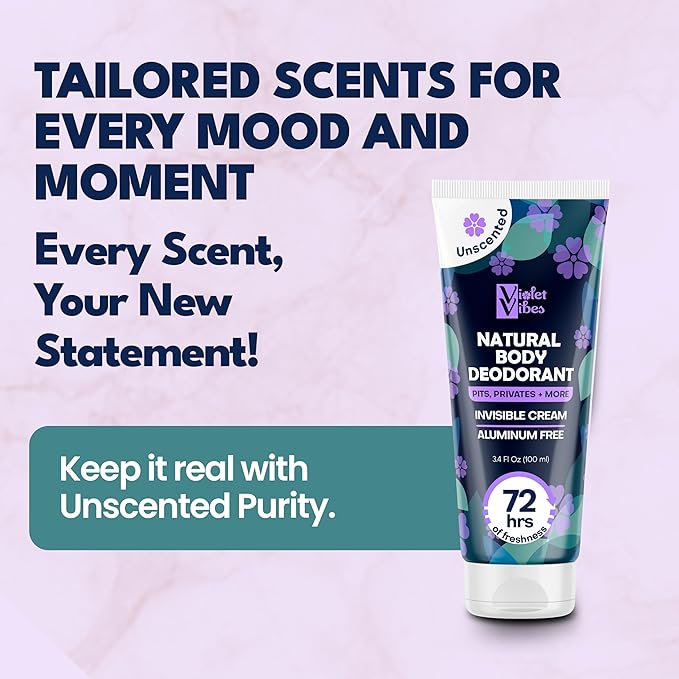 Violet Vibes Deodorant Cream for Women | Hypoallergenic & Gentle On Skin | Noni Leaf Extract, Aluminum-Free, Sensitive Skin, Fresh Odor Control for Whole Body 100mL (3.4 fl oz.) (Unscented)