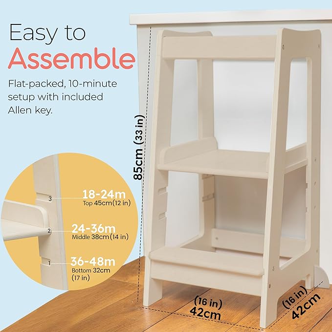 Stepup Baby Toddler Step Stool - Adjustable Height Kids Helper Step Stool, Durable, Non-Slip Platform for Bathroom Sink & Kitchen Counter, Toddler Tower for Exploration and Growth - Natural