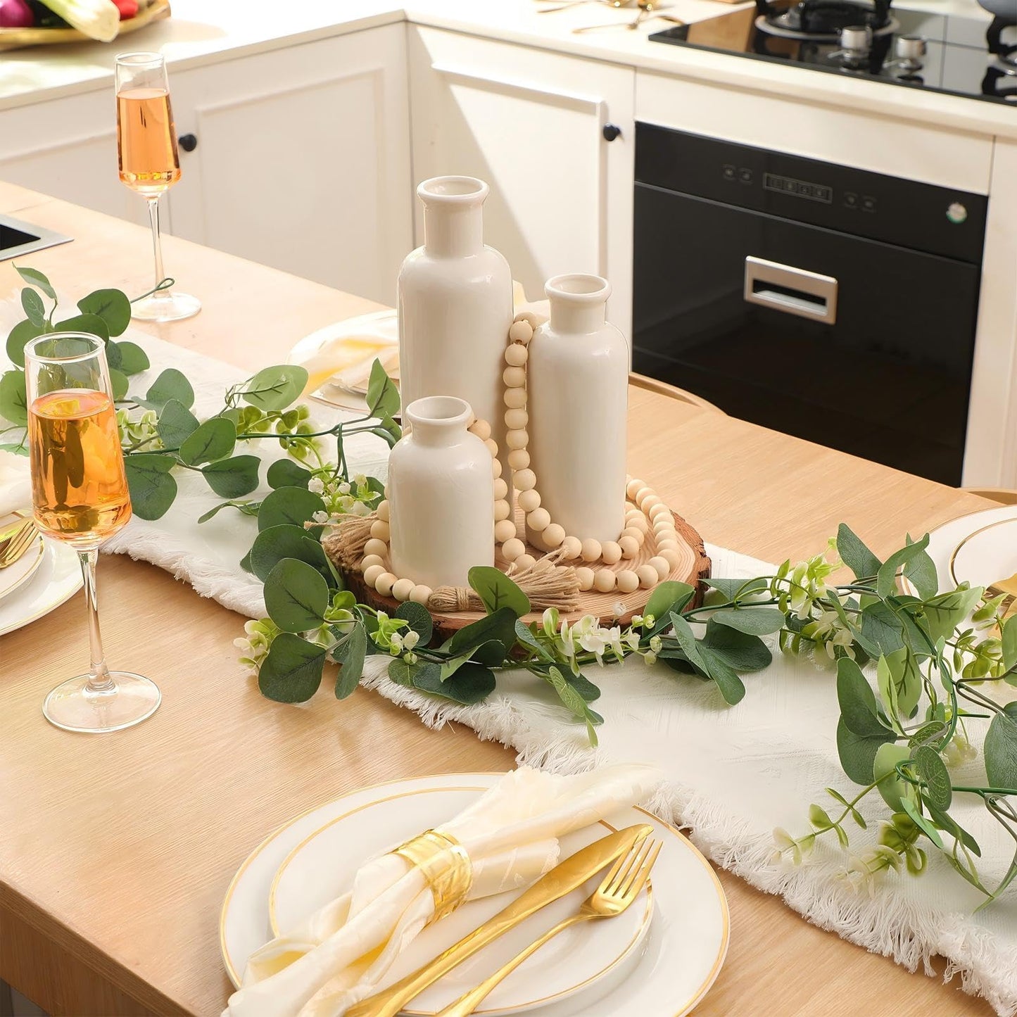 Geelin 6 Pcs Boho Rustic Table Centerpieces, 3 Modern Ceramic Vases, Wooden Slice Tray, Farmhouse Wood Beads Garland with Tassel, Artificial Vines for Dining Home Coffee Table Decor(White)