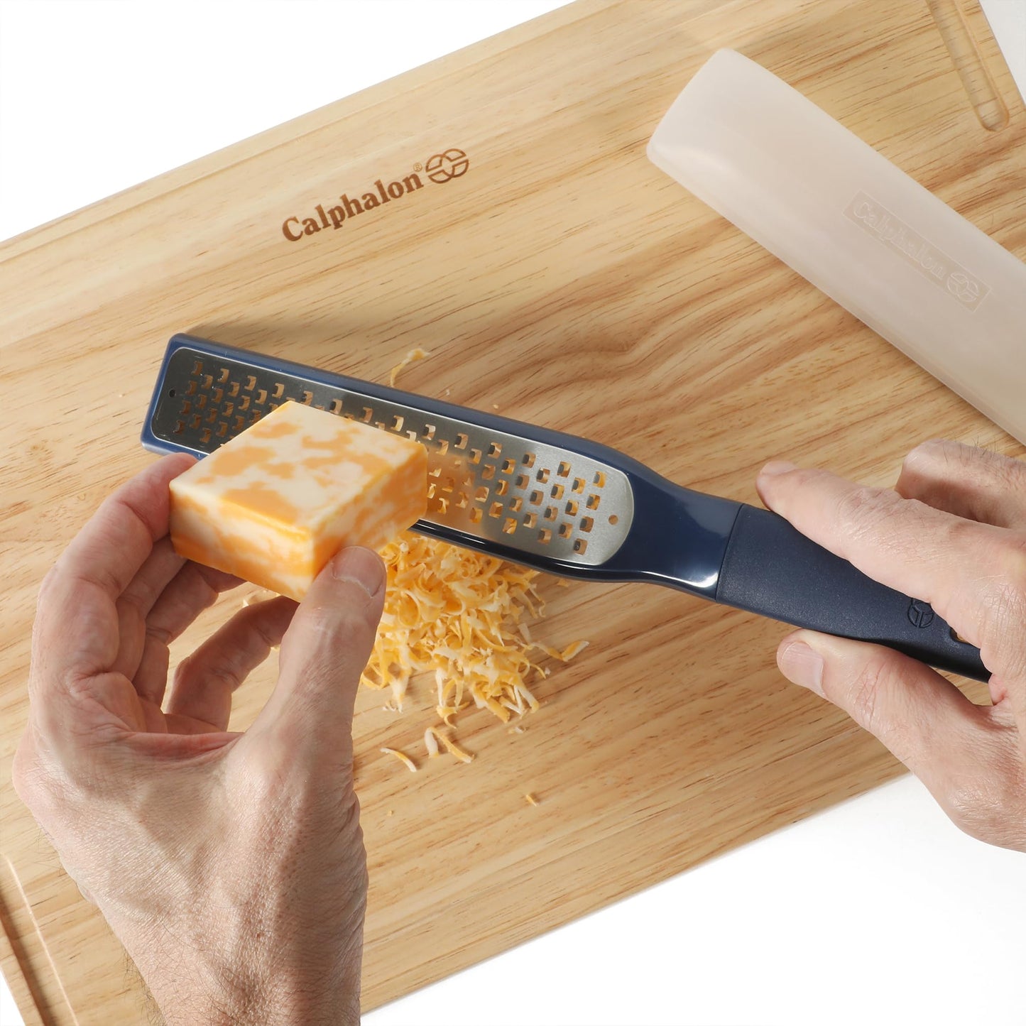 Calphalon Prime Stainless Steel Handheld Grater Lemon Zester W/Cover & Rubber Handle - Navy Blue