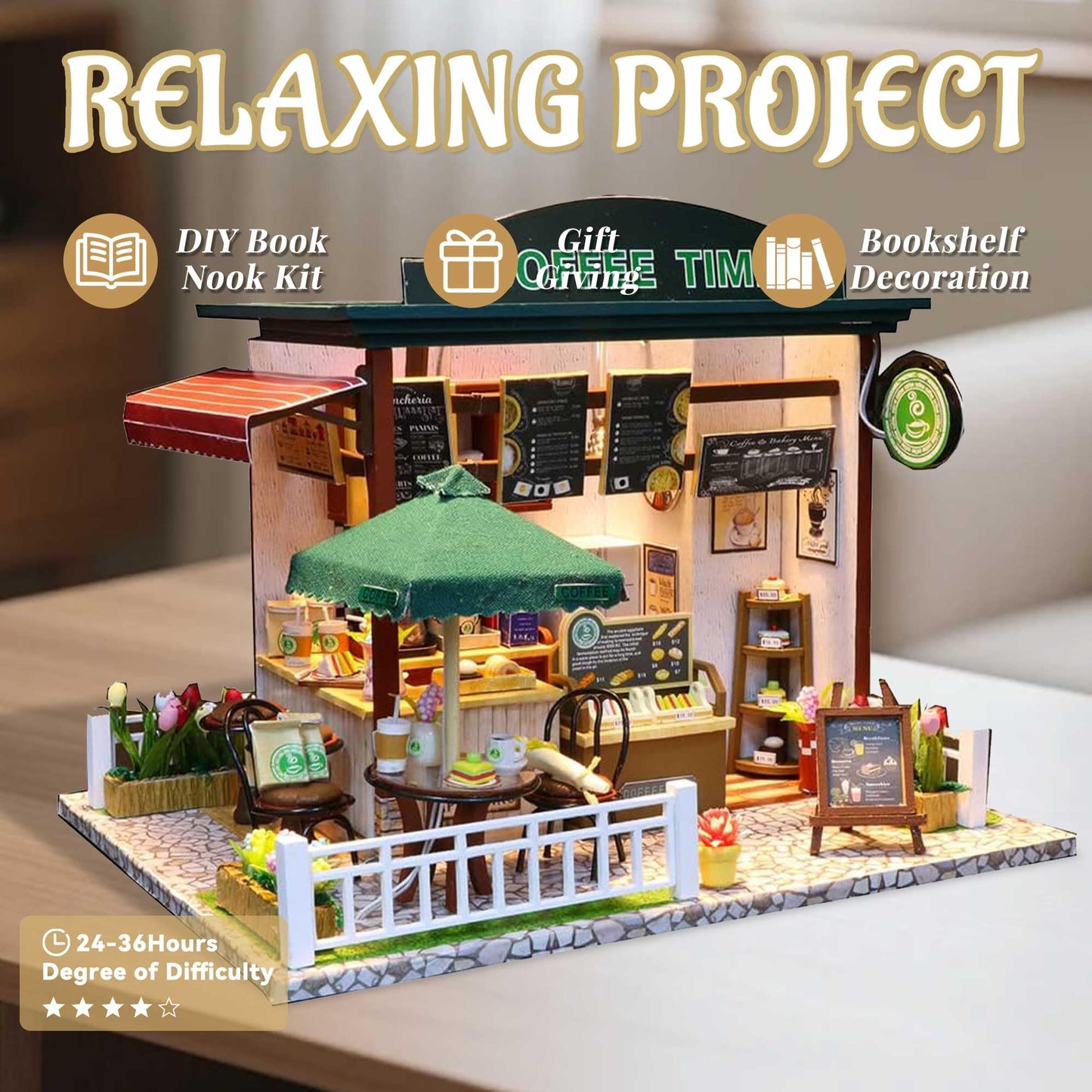 Flever Dollhouse Miniature DIY House Kit Creative Room with Furniture for Romantic Valentine's Gift (Time Cafe)