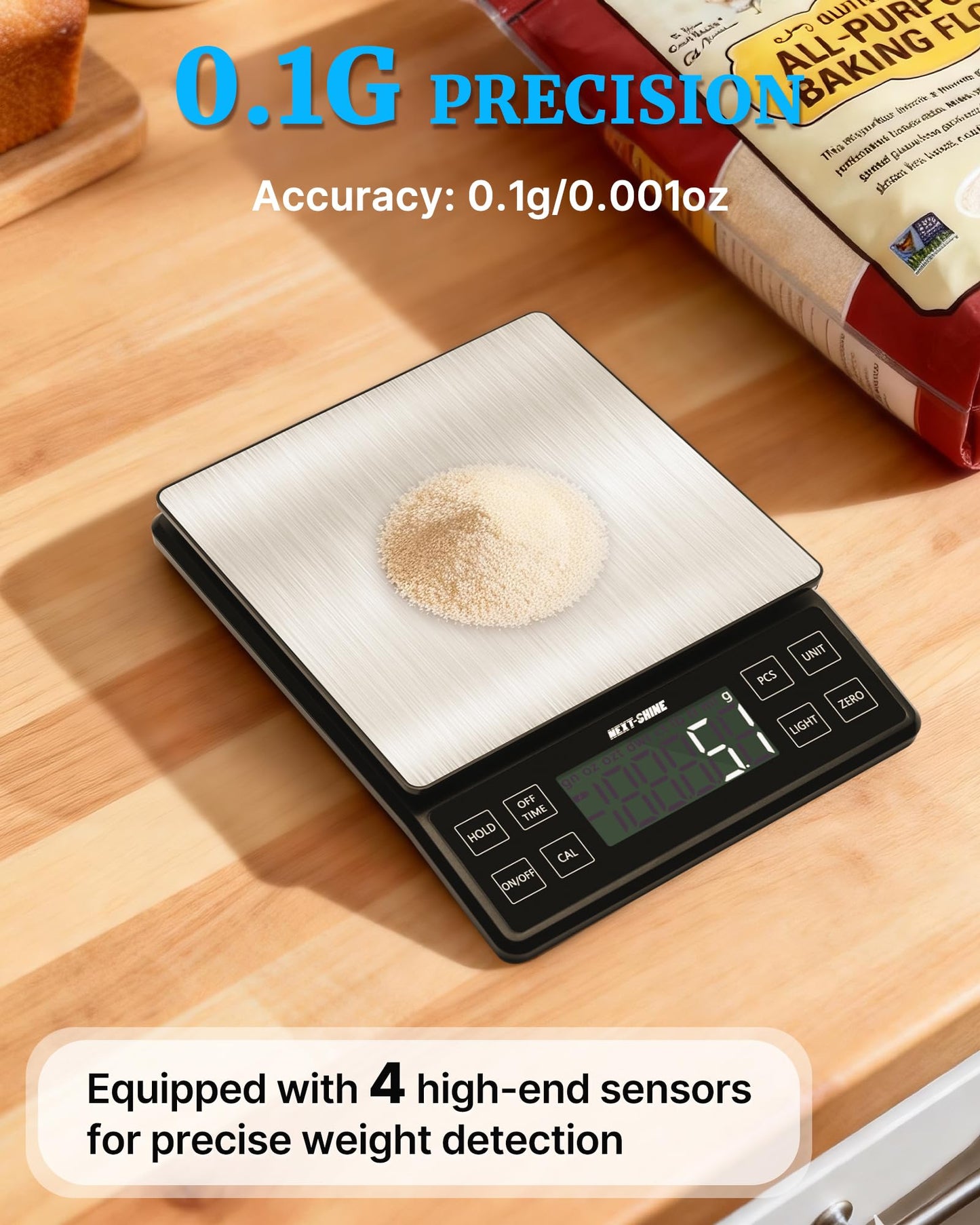 NEXT-SHINE Food Kitchen Scale 11lb, 0.1g/0.01oz Precise Graduation Rechargeable Digital Scale with Nine Units Large Tray Stainless Steel Platform LCD Display for Meal Prep Cooking Baking