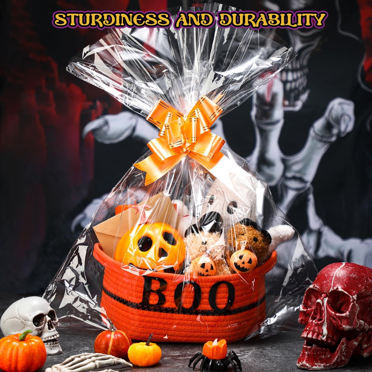 Potchen Halloween Boo Basket Gift with Handles Funny Boo Cotton Rope Basket Empty Trick or Treat Storage Bin with Clear Plastic Bag Ribbon Gift Card Envelope Set for Halloween Celebrations(Orange)