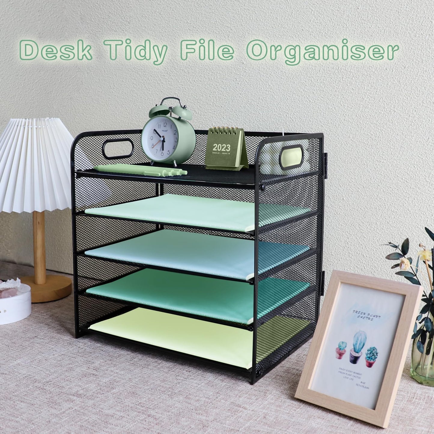 IOUGDSEC Paper Letter Tray with Handle, 5 Tier Metal Mesh Desk File Organizer, A4 Paper Desktop Filing Trays, Desk Tidy Magazine Document Holder for Home Office, Black