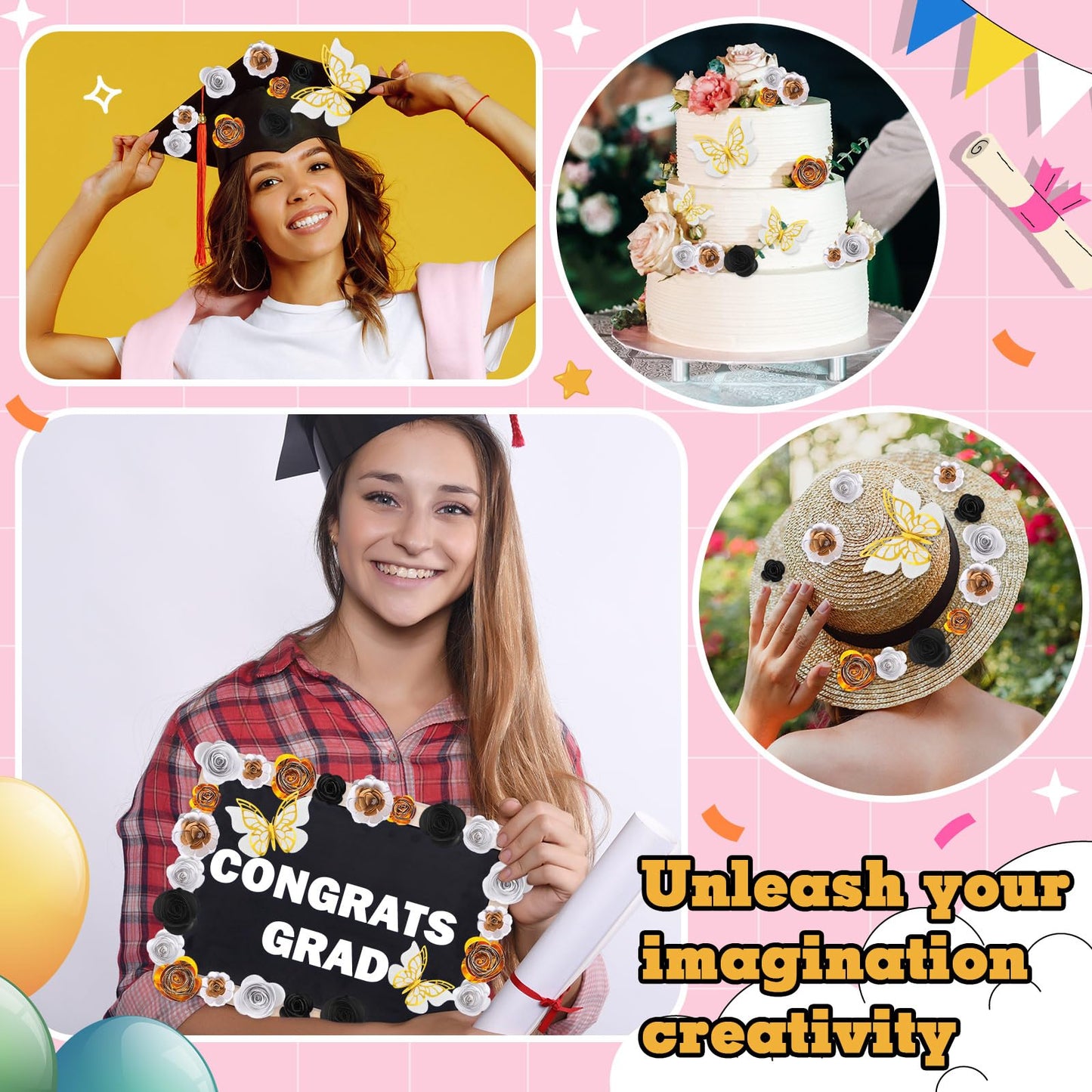 Dinifee 36 Pcs DIY Graduation Cap Decorations Accessory Kit Include Faux Paper Flower Heads 3D Butterfly Grad Cap Mini Paper Flowers Decorations for Grad Cap Topper DIY Graduation Gift(Black, Gold)