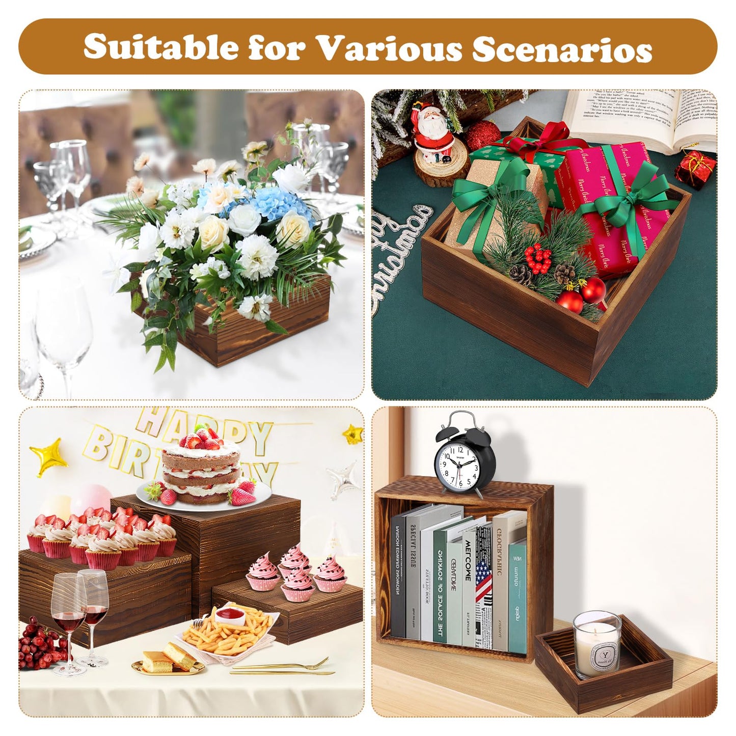 LEIFEOSH 6 Pack Wooden Risers Display Stands Rustic Wood Cake & Cupcake Stands for Party Square Food Risers for Buffet Wooden Crates for Display Home Decor