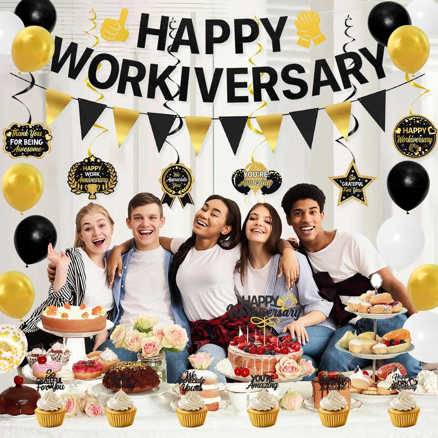 Roetyce Work Anniversary Party Decorations, Black Gold Happy Workiversary Banner Cake Topper Balloons Hanging Swirls, Work Anniversary Backdrop Background for Employee Coworker Office Party Supplies