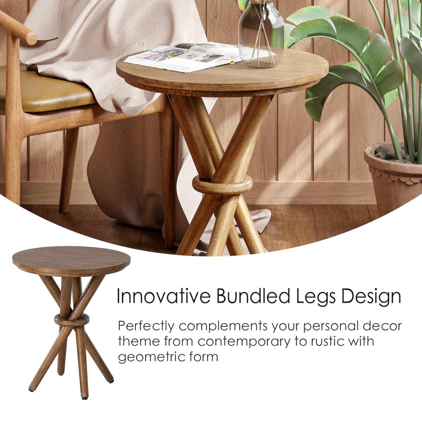 COZAYH Round Wood End Table Farmhouse Wooden Side Table Rustic Plant Stand with Bundled Legs for Living Room, Office, Walnut