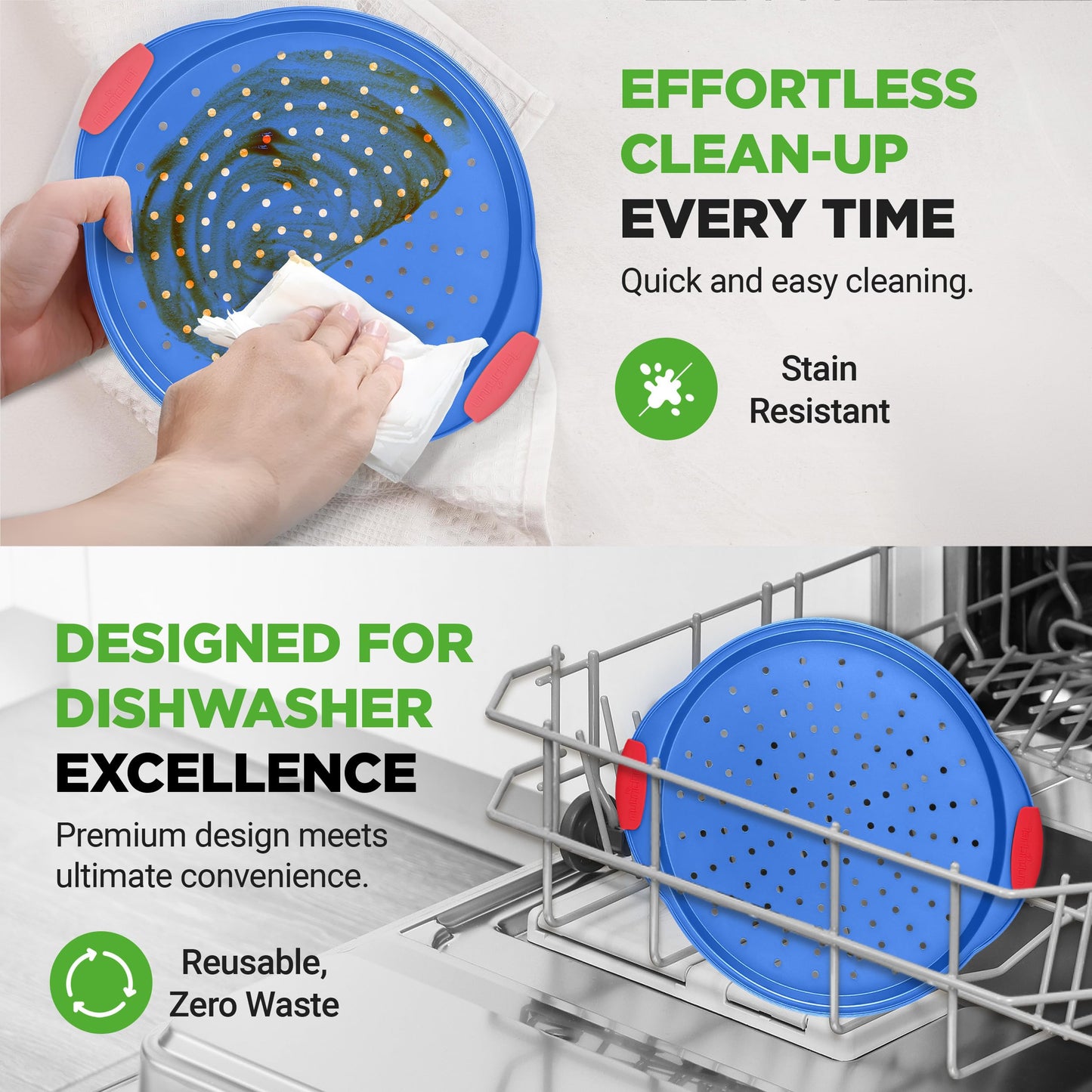 NutriChef 13-Inch Nonstick Pizza Tray - Round Carbon Steel Non-Stick Pizza Baking Pan with Perforated Holes, Premium Bakeware Pizza Screen with Silicone Grip Handles, Dishwasher Safe - Blue